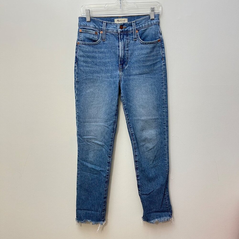 Madewell Womens High-Rise Distressed Hem Straight Leg Jeans Size 27 Cotton Denim